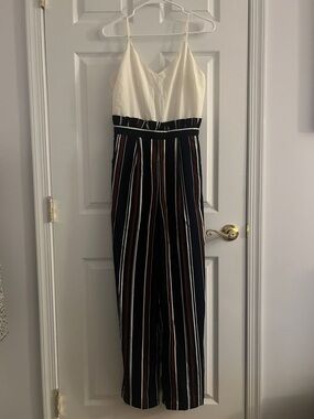 Altar'd State Cream Bodice Navy & Brown Striped Wide-Leg Jumpsuit